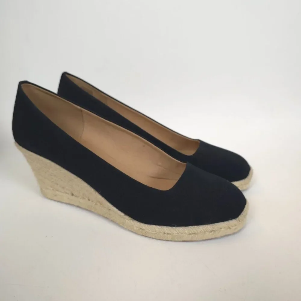 J.Crew Espadrille Wedge Shoes Black Cream Canvas Rope Heel Womens Size 12